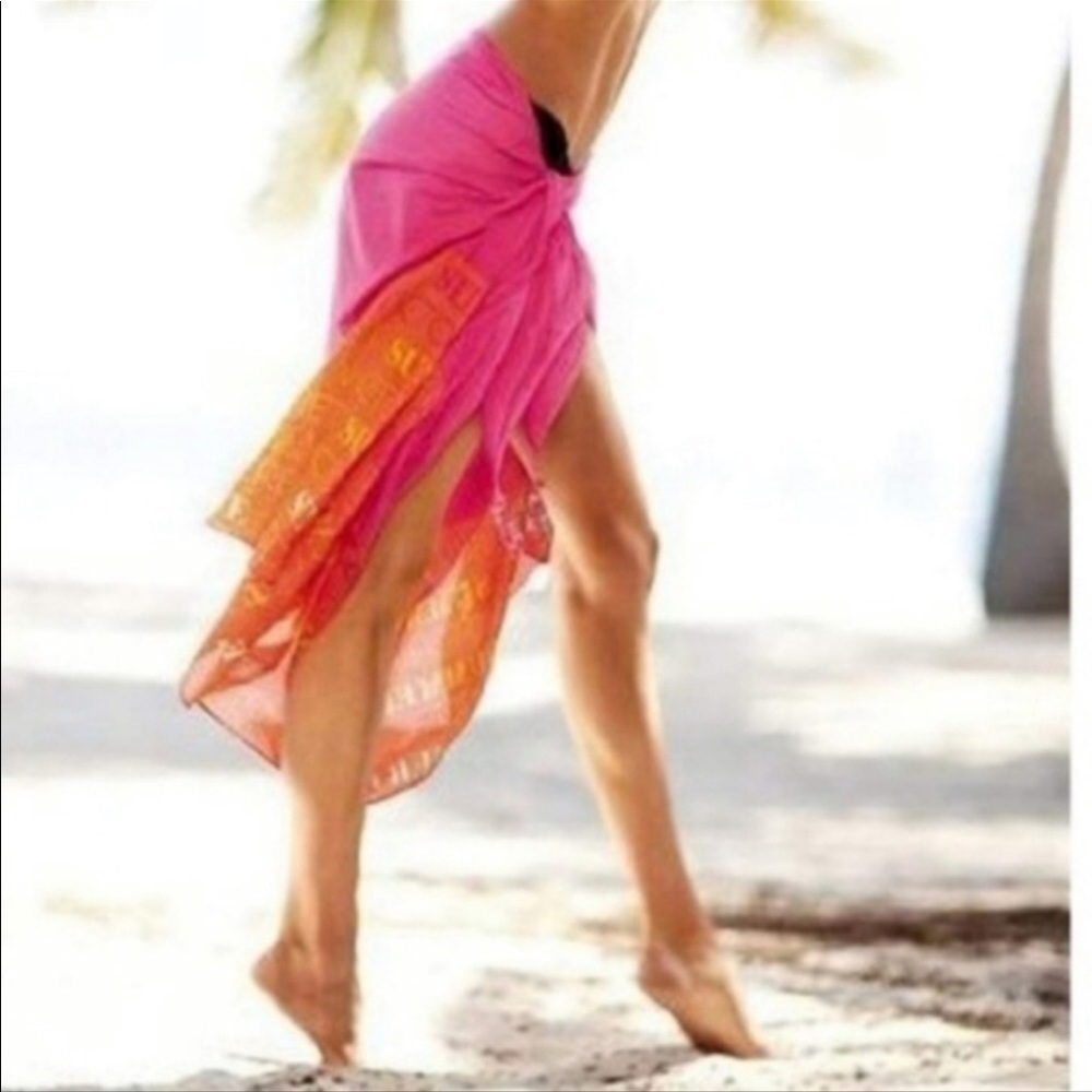 Victoria Secret OS cover up Orange & pink Sarong long w/ beaded tassel